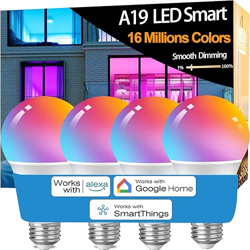 Vinaco Bombilla LED inteligente A19 de 9 W, 800 lm, equivalente a 60 W, bombilla RGB que cambia de color, funciona con Alexa y Google Assistant,