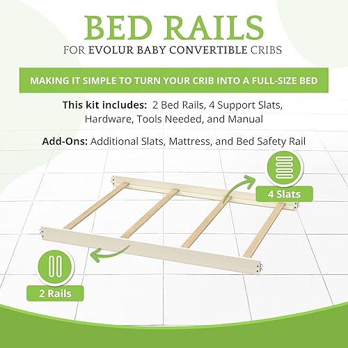 Vista 196 de Kit de conversión de tamaño completo, rieles de cama para cunas Evolur, kit convertible de cuna de madera maciza para cama de niños, rieles de Blanco