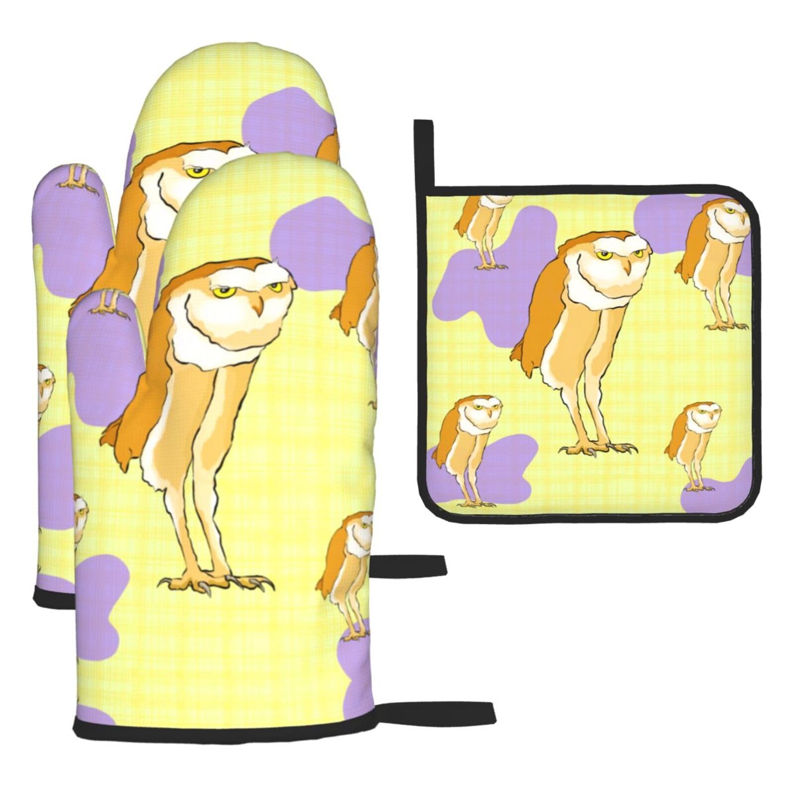 Standing Owl Oven mittens and oven mitts three-piece set suitable for oven, grilling, baking, microwave and home cooking.