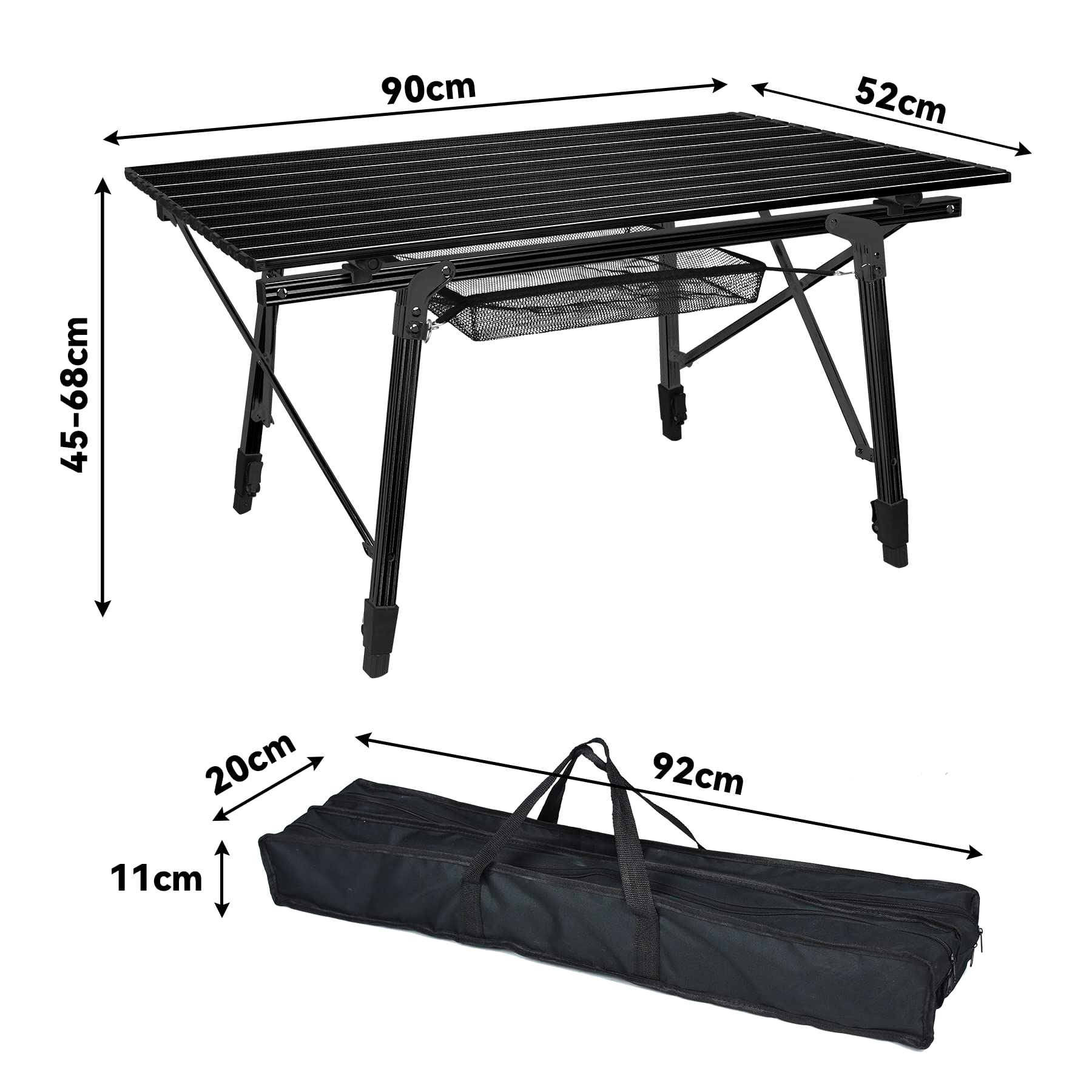 FROADP Składany Stół Kempingowy Z Aluminium, Regulowany W Wysokości, 45x90x52 Cm, Czarny, Akcesoria Kempingowe, Z Siatkową Torbą Do Przenoszenia