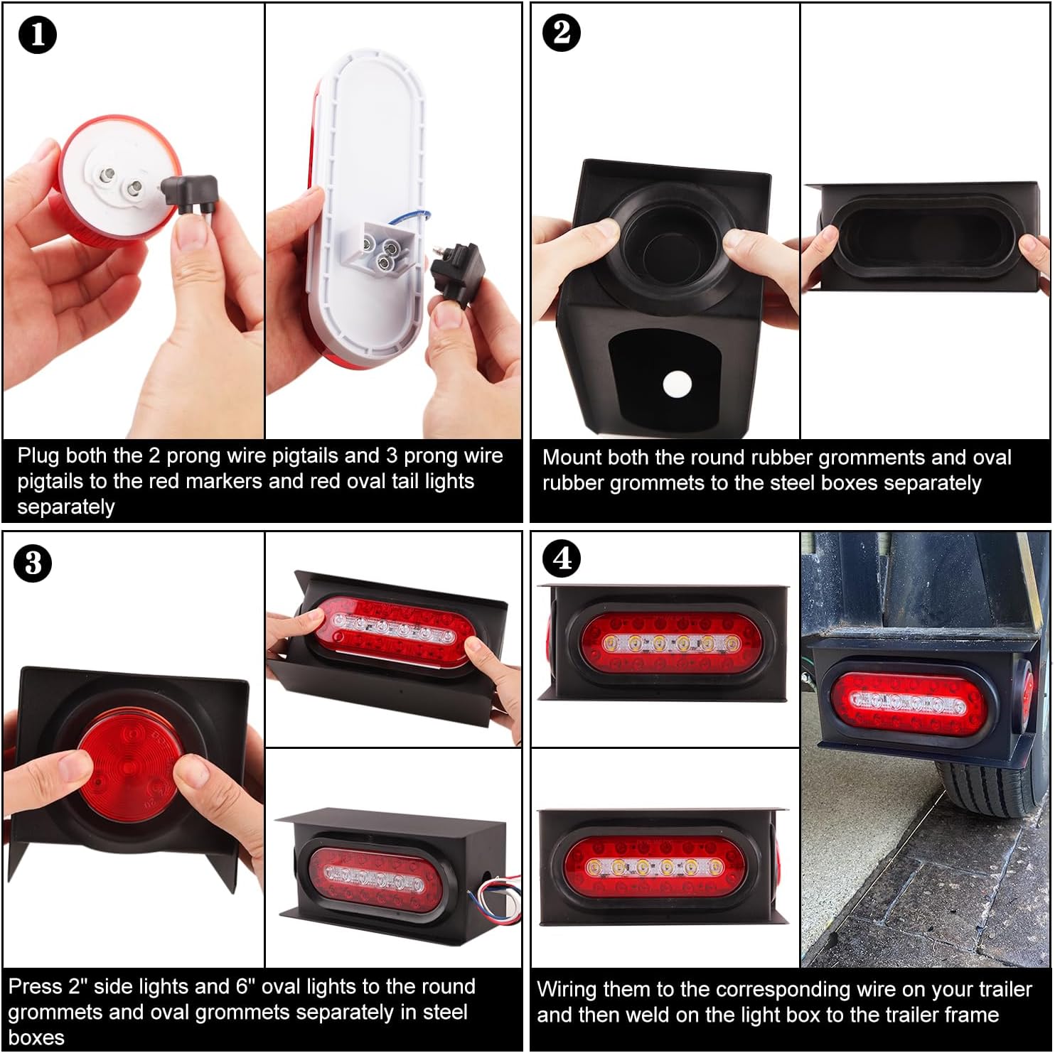 2Pcs Steel Boxes w/Trailer Tail Light Kit, Oval & 2" Round Red Side Marker Lights w/Grommets & Wire Pigtails