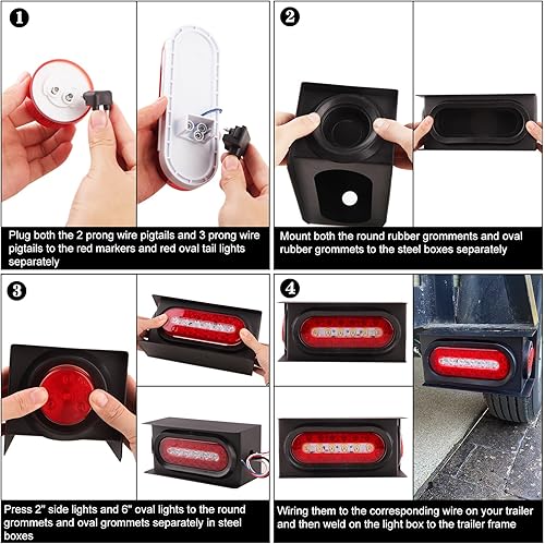 Miniatura 7 de 2 cajas de acero con kit de luces traseras de remolque, ovaladas y luces de marcador laterales redondas rojas de 2 pulgadas con ojales y coletas de