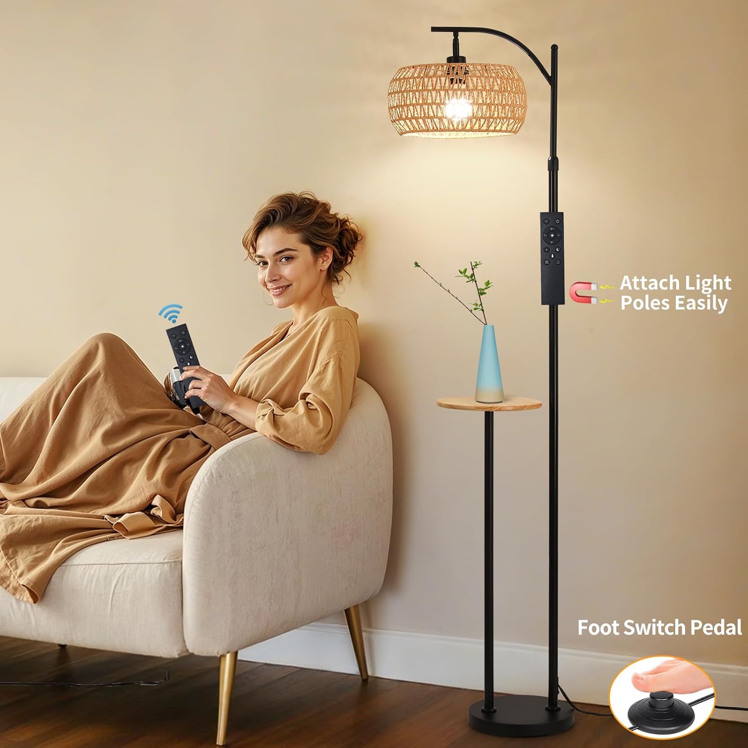 Boho Floor Lamp with Wooden Shelf – 9W Dimmable Smart Bulb Included, Remote Control Floor Lamp with Table,Rattan Shade Tall Standing Lamp for Living Room Bedroom Office