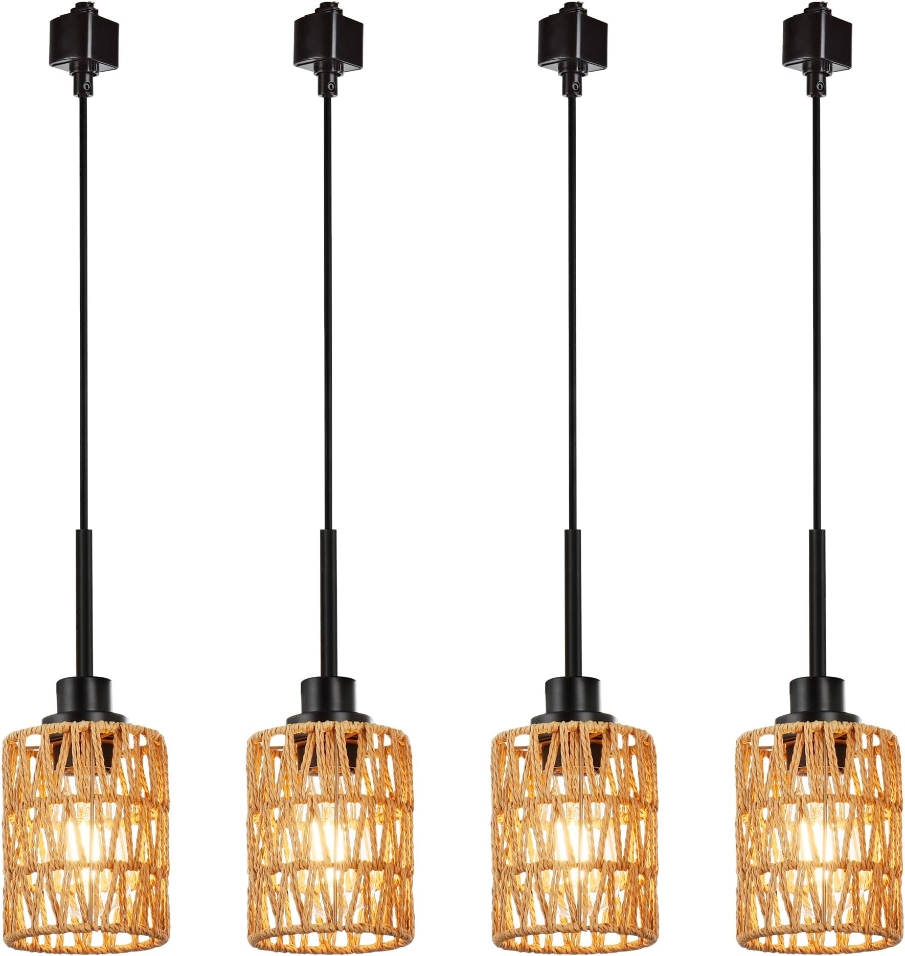 MELUCEE 4 Packs H-Type Track Hanging Light Black Ceiling Track Lighting Fixtures Rattan Pendant Light for Kitchen Island Dining Room Restaurant, Compatible with H Type Track Lighting Rail, E26 Socket