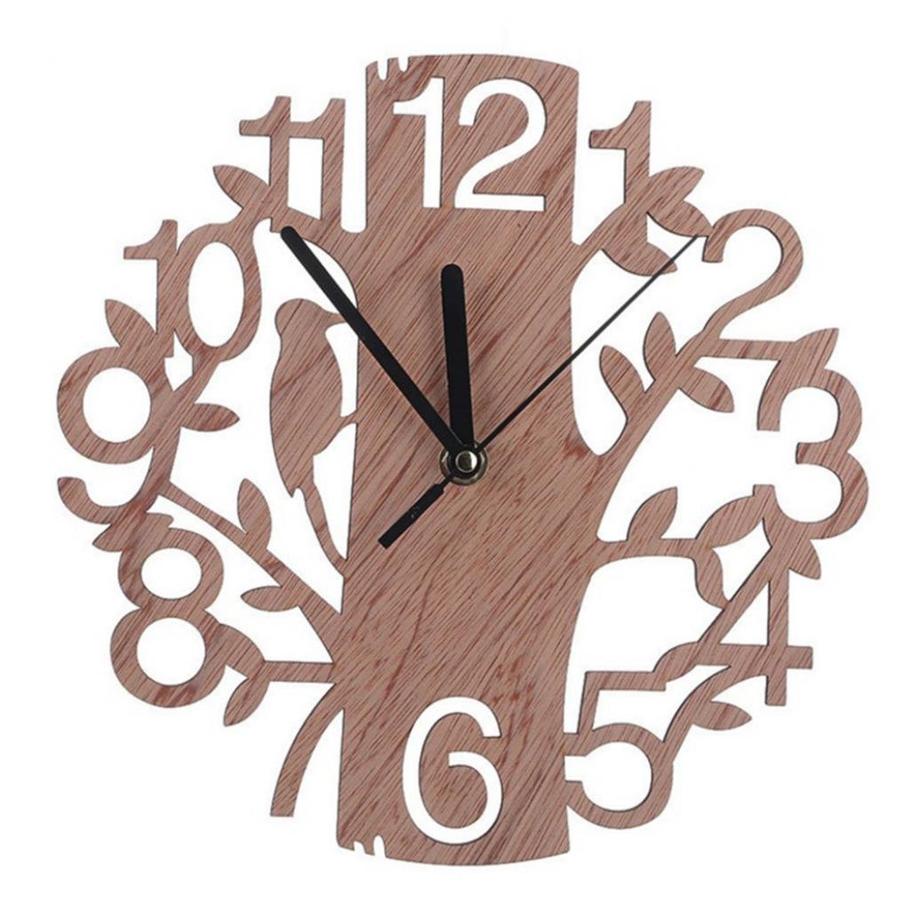 Zhouba Wood Modern 3D En Tree And Bird Wall Clock Analog Living Room Home Office Decor