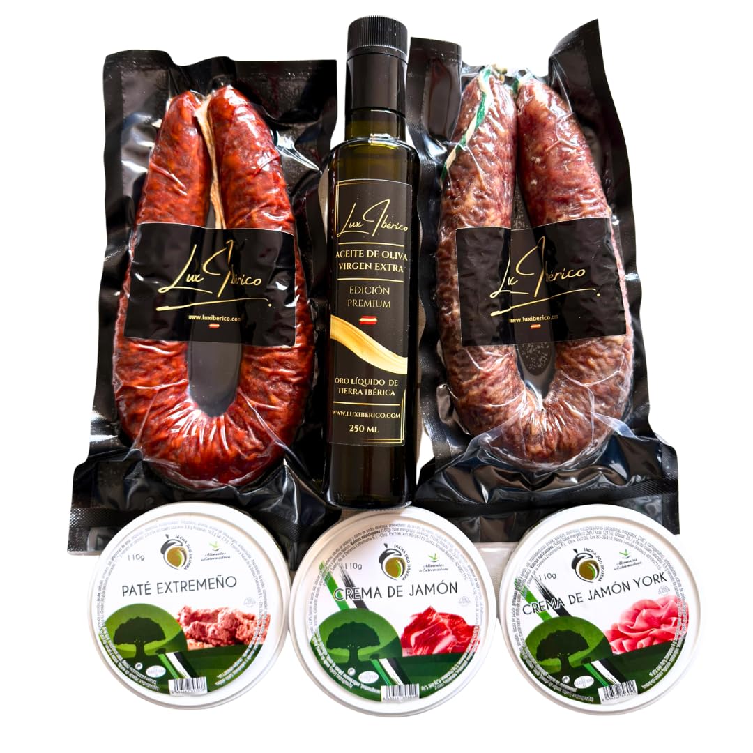 Cesta Regalo Galileo - Embutidos, Patés Extremeños y Aceite de Oliva | Chorizo y salchichón ibérico, tres patés extremeños y aceite de oliva virgen extra. Aperitivo variado listo para regalar.