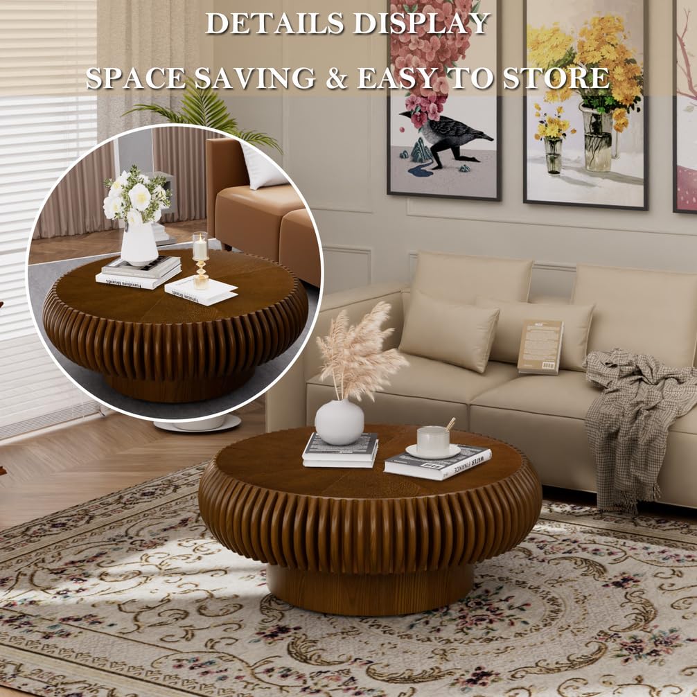 Mesa de Centro Redonda Acanalada con Acento de Tambor, mesas centrales Modernas Minimalistas y contemporáneas de Madera Maciza chapada para Sala de Estar.,C31