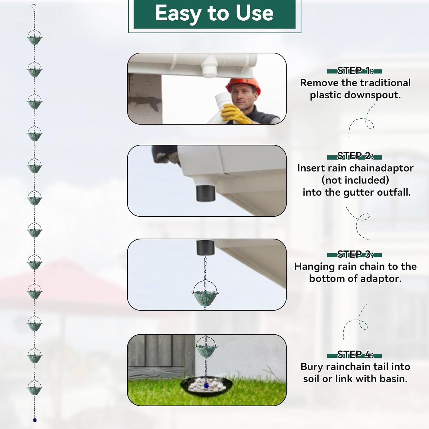 Rain Chains for Outside, 8.7FT Gutter Chain with 12 Lotus Cups Rain Catcher Chain Replacement Downspout for Gutters Eaves Drainage Decor, Bronze
