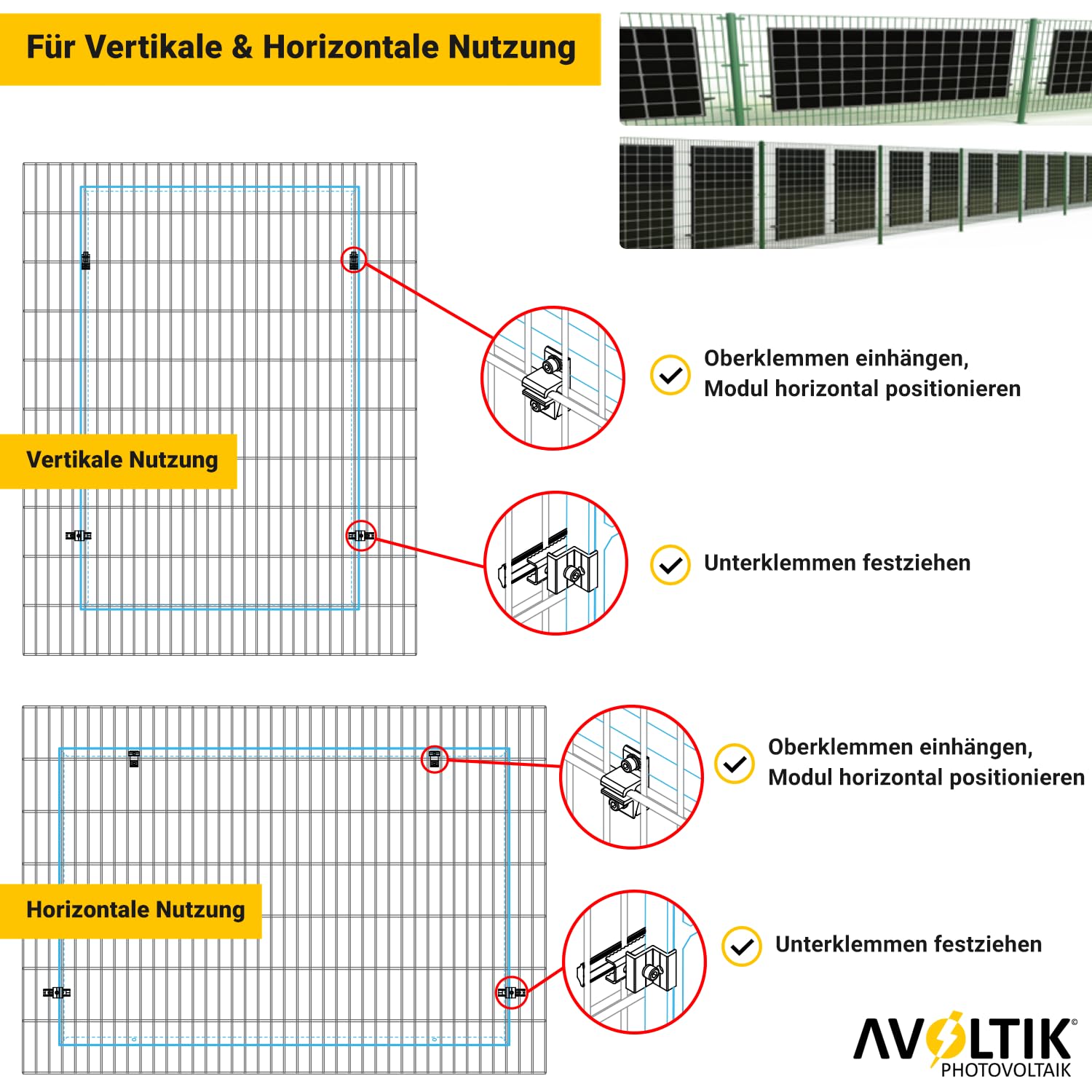 Avoltik Solarhalterung für Doppelstabmattenzaun | PV Halterung für Gartenzaun I Wetterfeste Halterung für Solarmodule am Zaun | rostfrei und sicherer Halt für Module 30 – 35 mm