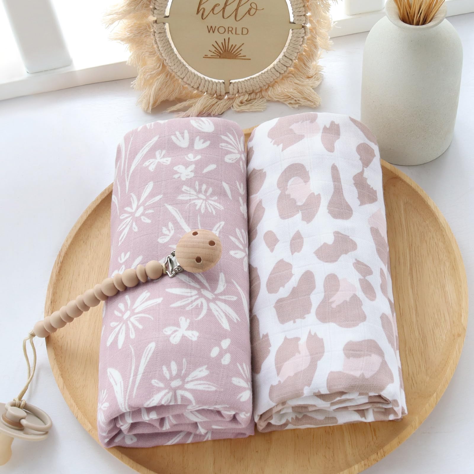 LifeTree Pacote - Coperta in mussola per neonati, 2 grandi coperte in cotone di bambù (119,4 cm x 119,4 cm), motivo floreale malva e leopardo blush