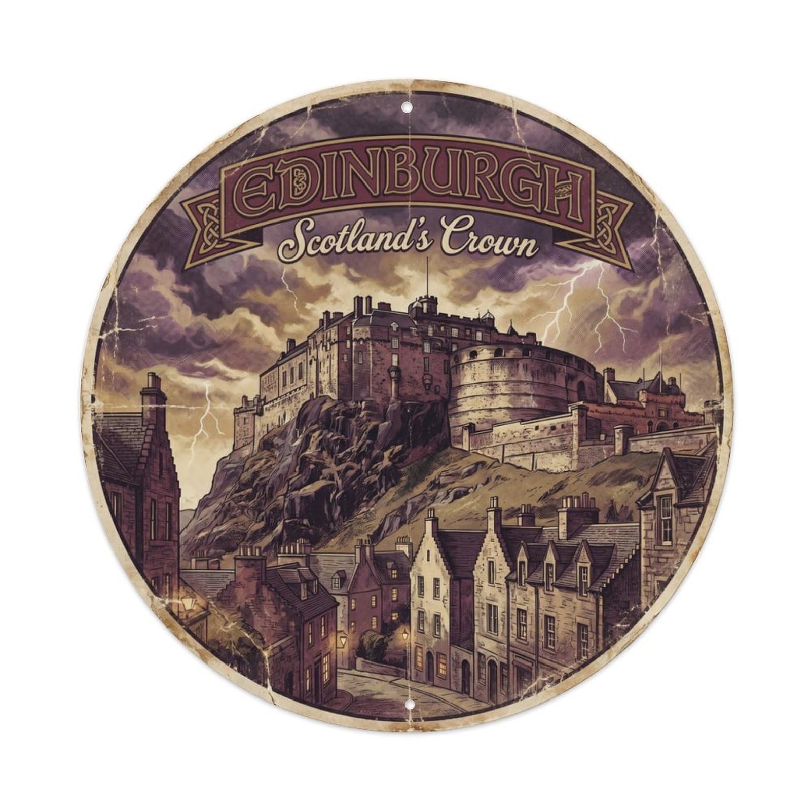 Vintage Travel Edinburgh Scotland Fortress Metal Tin Sign Plaque Wall Decor for Cafe, Club Bar, Office, Home Garden Round Metal Poster 8x8Inch