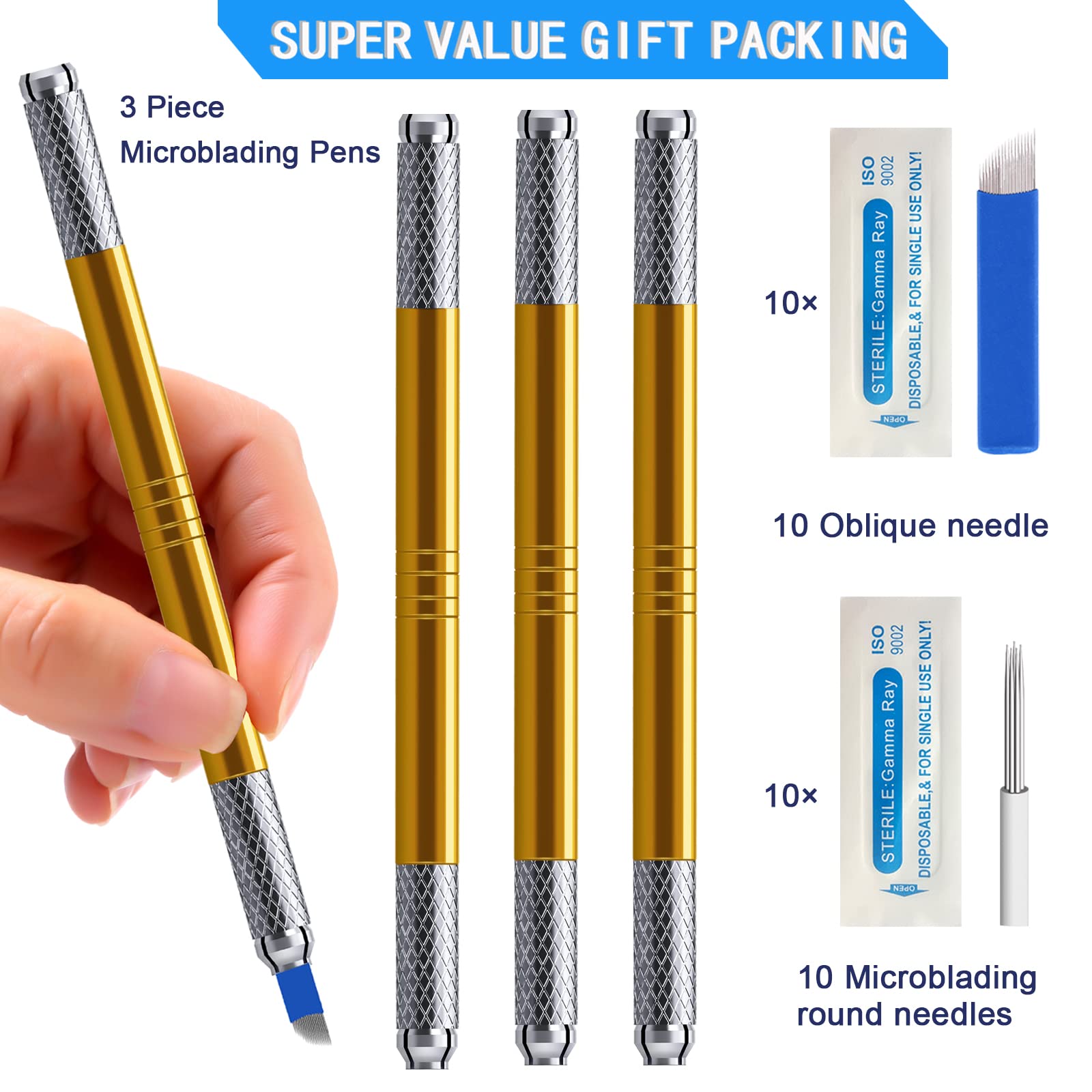 Microblading Pens 3 Piece Golden Dual Purpose Light Manual Tattoo Eyebrow Pens For Permanent Makeup Supplies Durable Aluminum Pen With Lock-Pin Tech+20Pcs Disposable Eyebrow Microblading Needles - Image 2