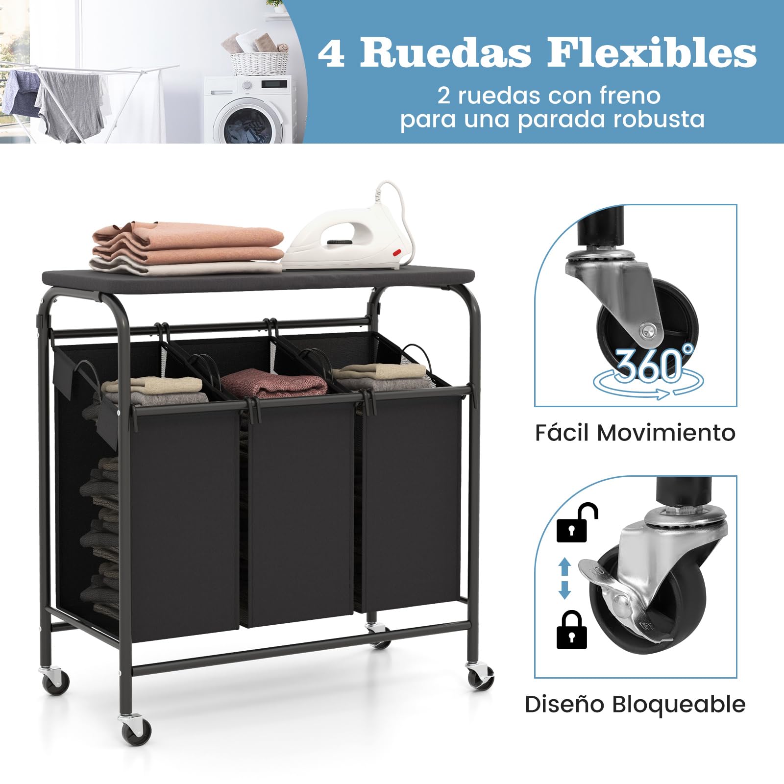 COSTWAY Cesto para Ropa Sucia con Tabla de Planchar, Cesta Colada con 3 Bolsas Extraíbles, 3 x 33L, Cesta de Lavandería para Cuarto de baño, Lavandería, Dormitorio, Negro y Gris