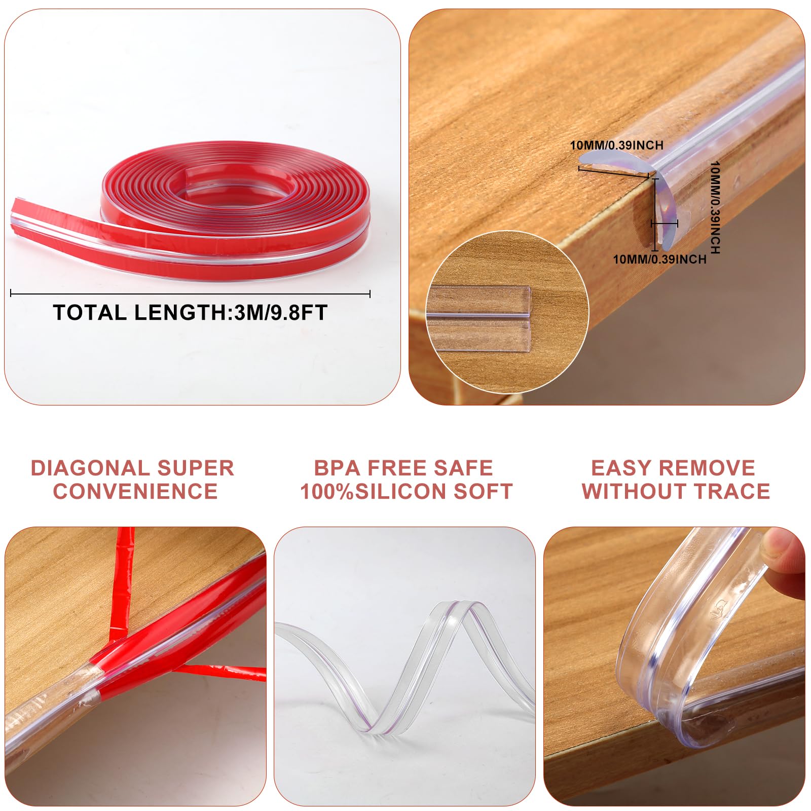 9.8ft Baby Proof Edge Protector with 4pcs Corner Protectors, Transparent Furniture Protection Strip Silicone Clear Kid Corner Guards Self-Adhesive Table Edge Protectors for Cabinets, Drawers