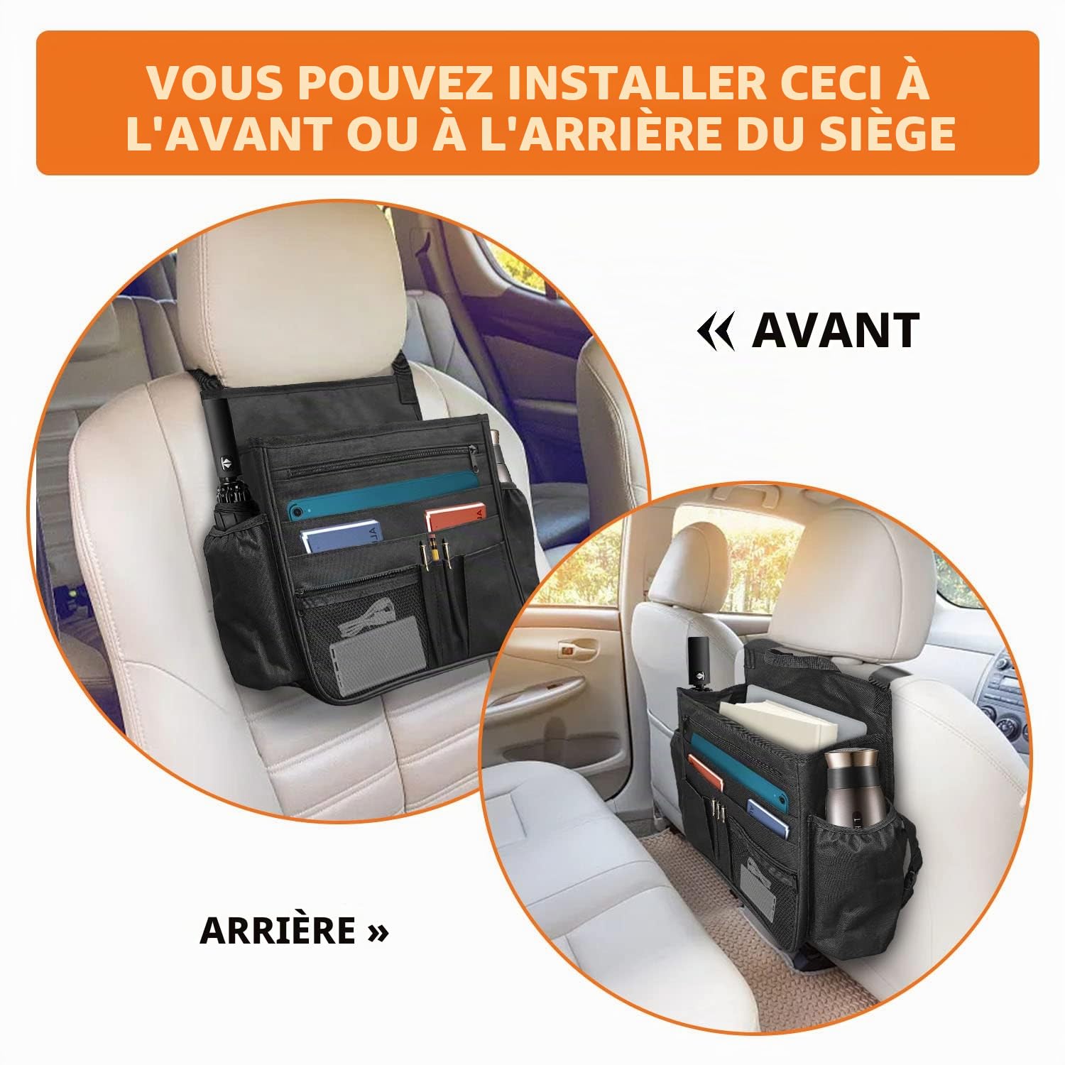 Boczif Organiseur de siège arrière de voiture, sac de rangement à suspendre pour siège passager, organisateur de siège avant de voiture pour bureau, enfants, organiseur de cabine de camion avec poche