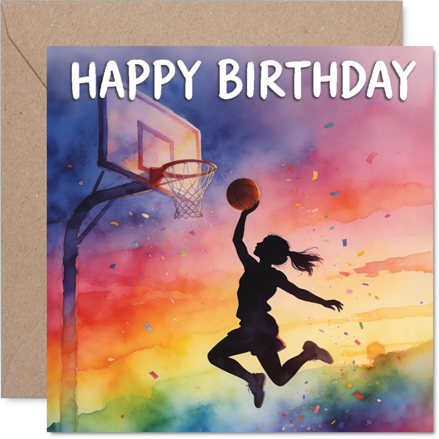 Inspirational Birthday Card - Full of Bounce - Girl Slam-dunks Basketball on Vibrant Rainbow Backdrop - Celebratory, High-energy Vibe - 145mm Square, Envelope Included