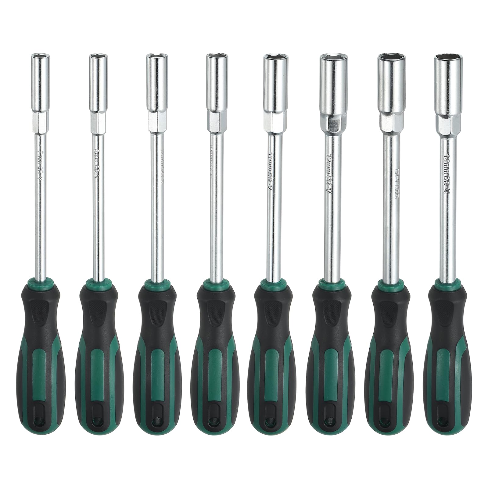 sourcing map 8 Pcs Metric Nut Driver 7mm-14mm CR-V Non-Magnetic Tip Hollow Shafts Hex Socket Screwdriver with Anti-Slip Handle for Automobile Repair Bit Driver, Green/Black