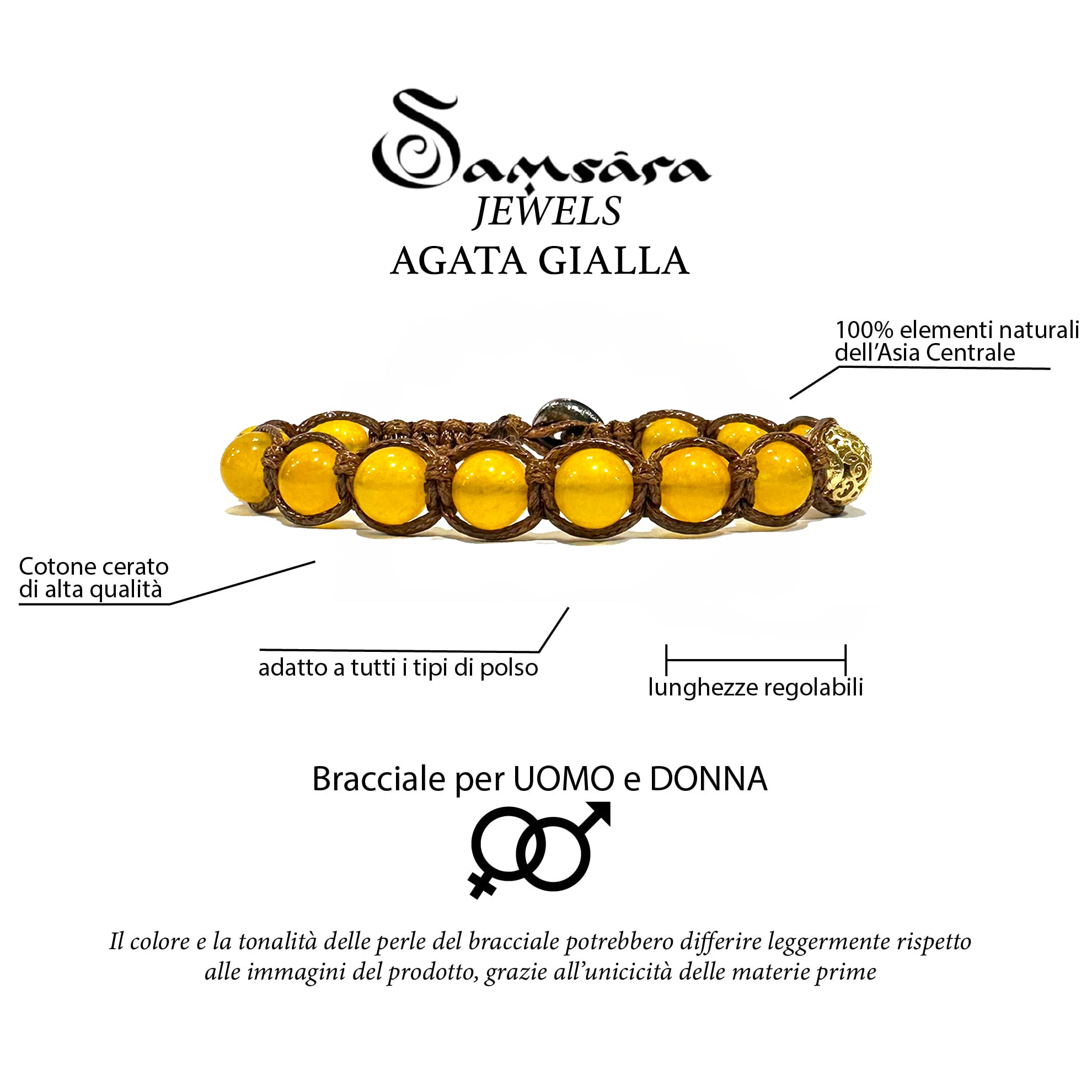 Samsara Bracciale Tibetano Buddista - Shamballa con Agata Gialla - Filo in cotone cerato