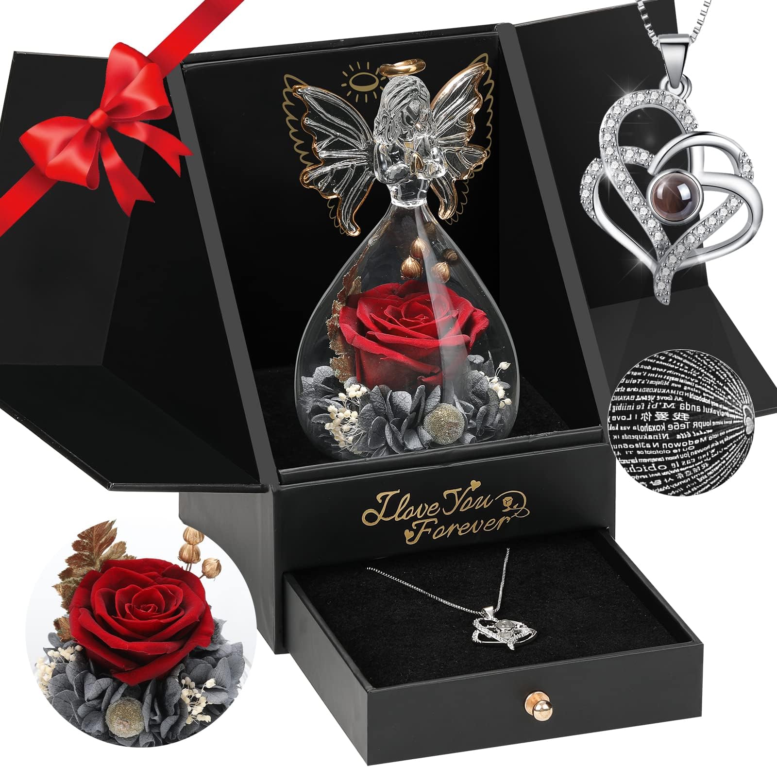 Birthday Gifts for Her Gifts for Women-Preserved Flower Real Rose I Love You Necklace 100 Languages-Glass Angel Figurine-Eternal Flowers for Women Mom Wife Gift Ideas Unique
