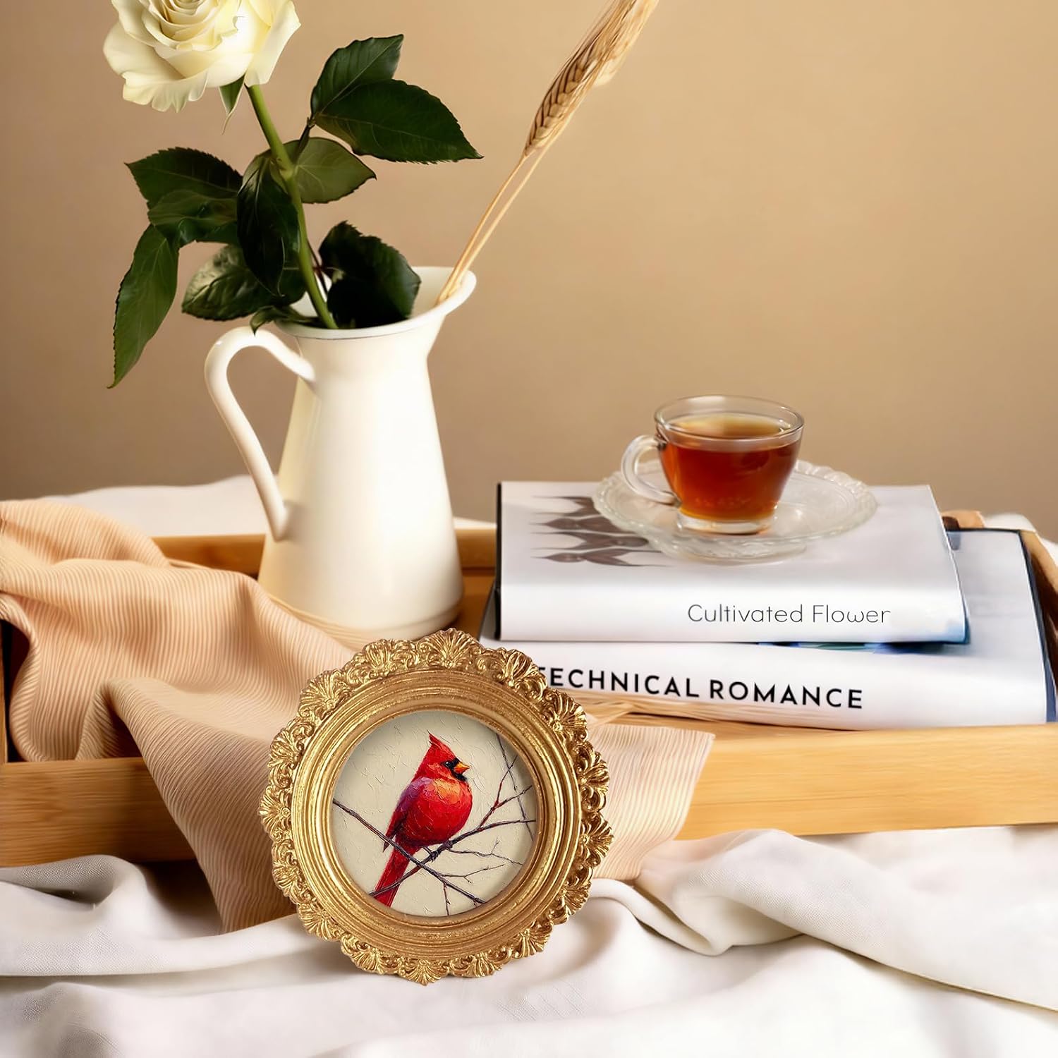 Vintage Christmas Cardinal Bird Small Round Picture Frame 4in image 5