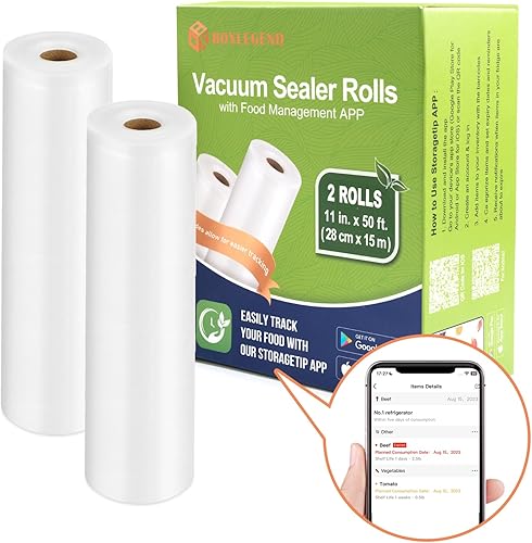 BoxLegend Rollos selladores al vacío con aplicación de gestión de alimentos de 11 pulgadas x 50 pies (2 rollos)
