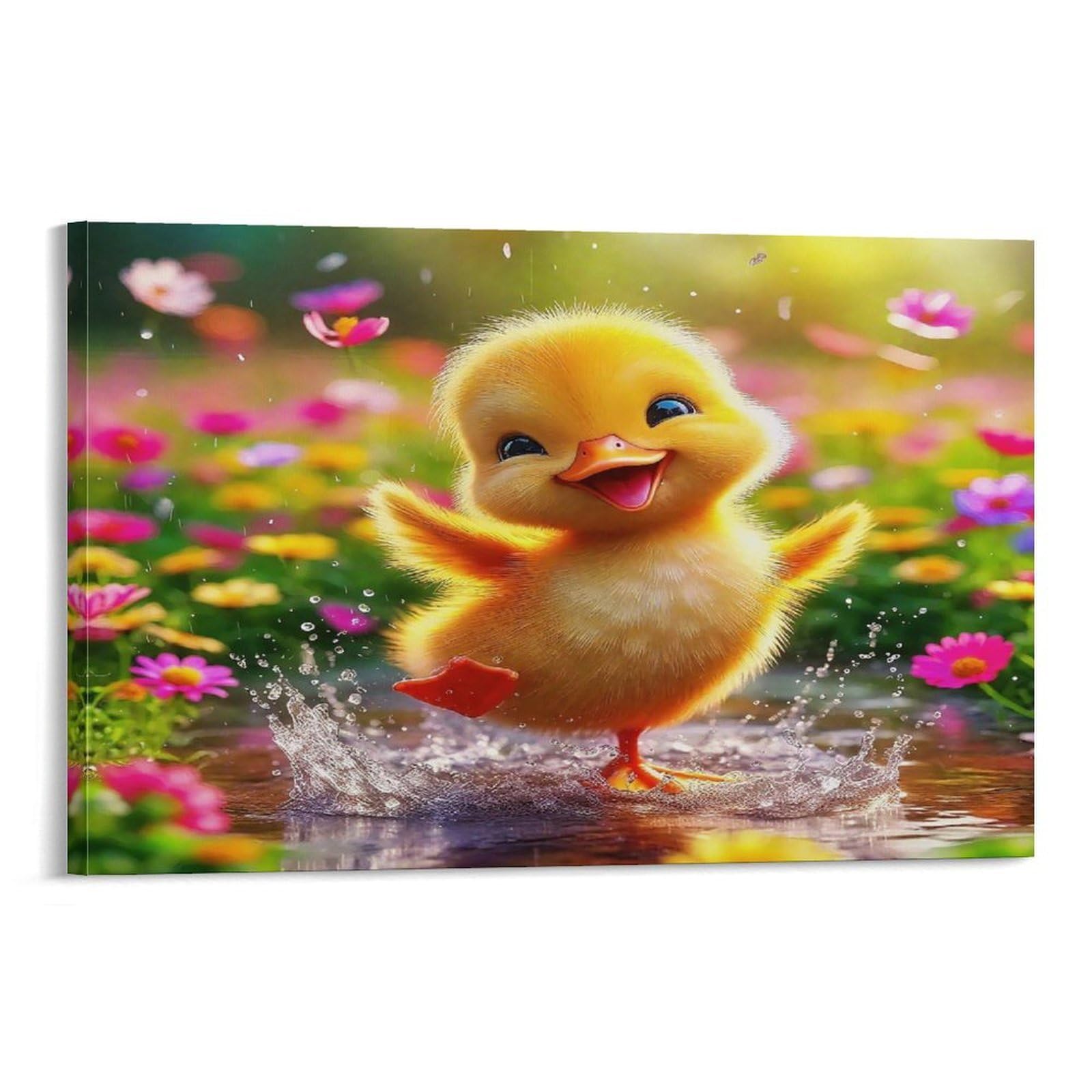 CPLVKWRQJ Cute Duckling Individual Cheerful Duckling Wildflower Puddle Canvas Wall Hanging - Office Wall Focal Art Fade Resistant Statement Piece Decor 20x30inch(50x75cm)