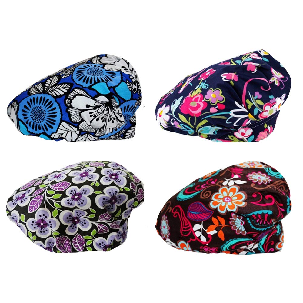 JoyRing 4Pcs Scrub Caps for Women Nurse Surgical Hats Adjustable Satin-Lined Working Cap with Sweatband and Buttons