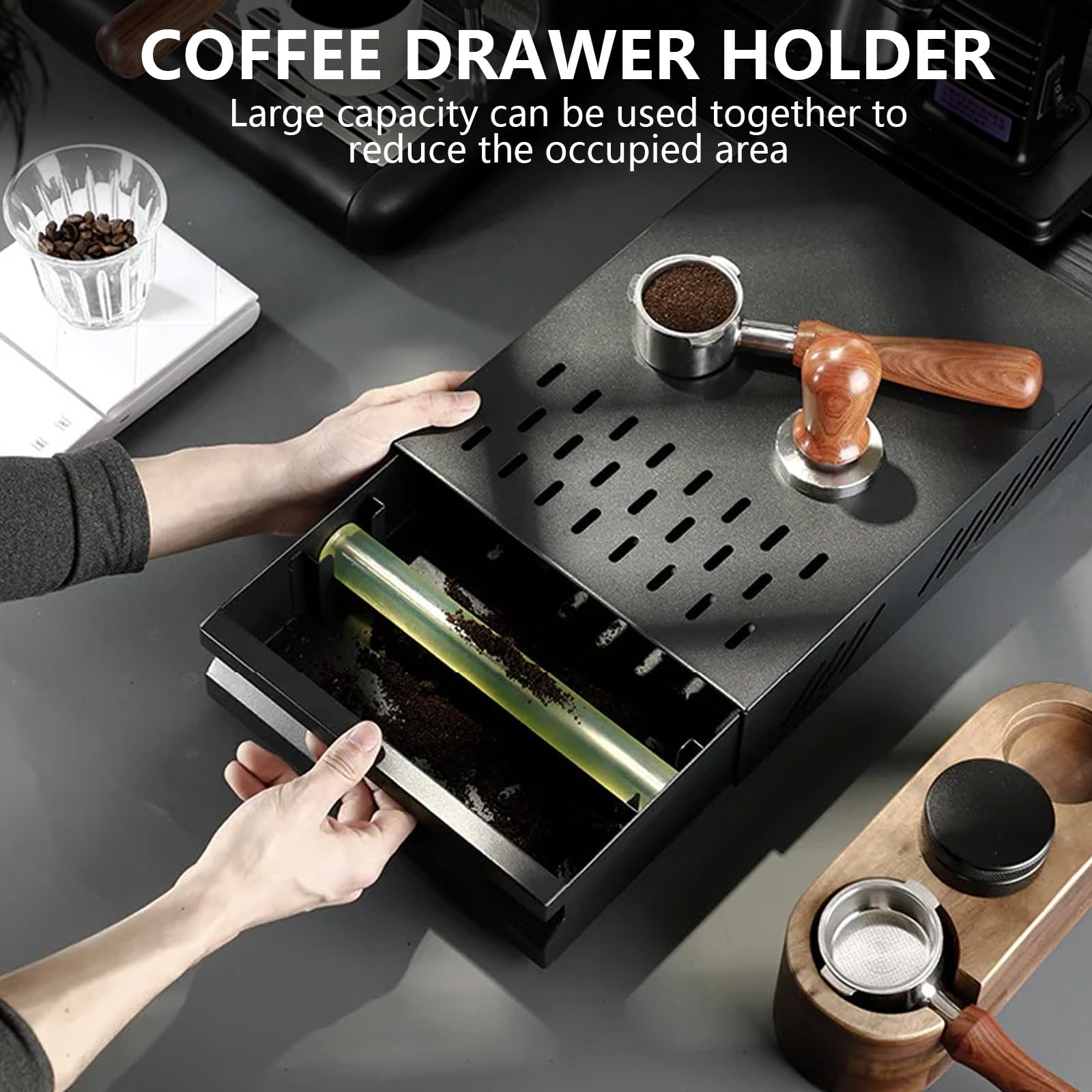 Recipiente para café para posos de café, recipiente para portafiltros, acero inoxidable, apto para todas las máquinas de café estándar (negro, 36 x 28 x 10 cm)