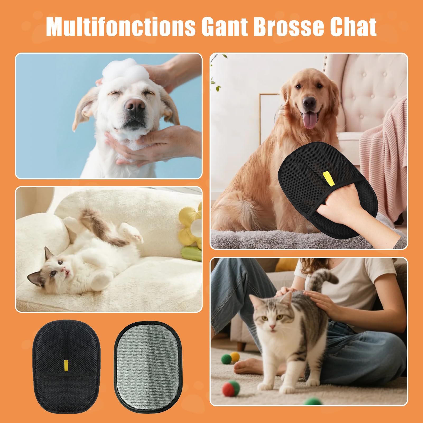 Zovator Lot de 2 gants d'épilation pour chats et chiens, gants de toilettage double face, réutilisables, pour canapé, voiture, meubles