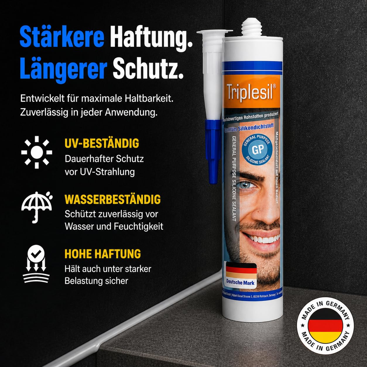 Triplesil Premium Silikon Dichtstoff – 1 ×310 ml Sanitärsilikon für fenster, Bad & Küche –Wasserbeständig–zum Abdichten-DIY Dichtmasse Innen & außenbereich (1x Transparent)