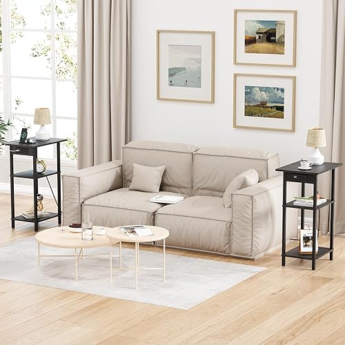 Miniatura 8 de Mesa auxiliar alta con estación de carga, mesita de noche delgada con puertos USB y tomas, mesa auxiliar estrecha de 3 niveles con almacenamiento