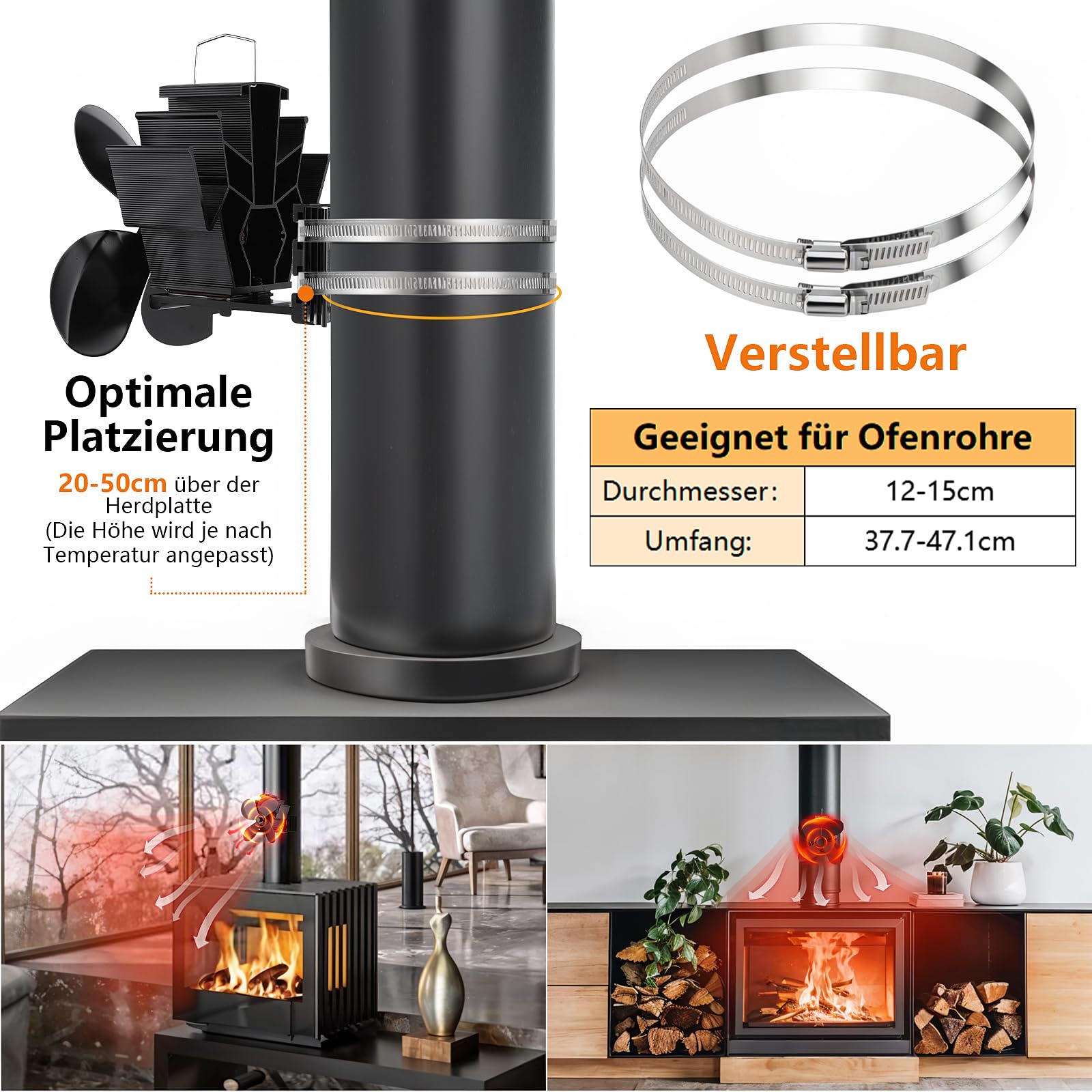 Hanaoyo Kaminventilator Magnetisch, Verbesserter Ofenventilator Ohne Strom Leiser, Kaminlüfter für Holz/Brennholz/Feuerstelle/Ofenrohr, Ofenventilator für Rauchrohr mit 2 Ersatzring