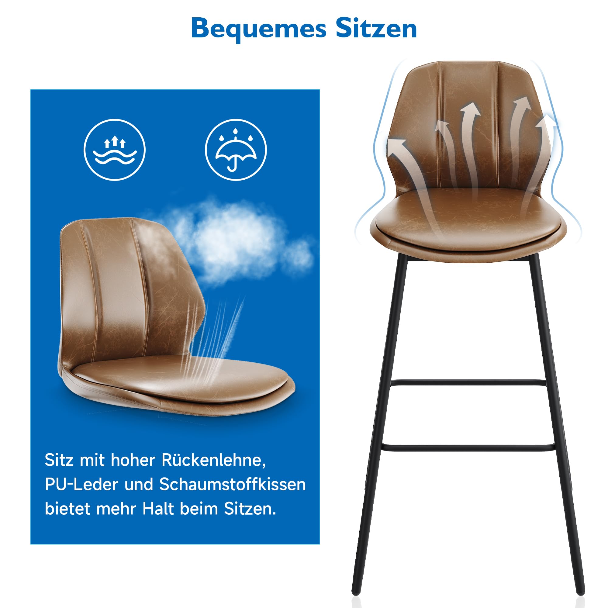 SONNI Barhocker 2er Set, Barstühle, Küchenstühle mit Rückenlehne und Fußstütze, robuster Metallrahmen, gemütliche PU weiche Sitzfläche, für Bar, Küche, Esszimmer, Sitzhöhe 102 cm, Braun