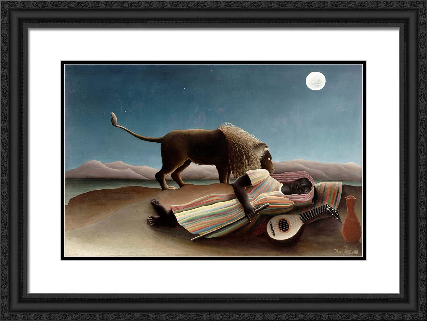 ArtDirect Rousseau, Henri 24x18 Gold Ornate Framed Art Print with Double Matting Titled: The Sleeping Gypsy