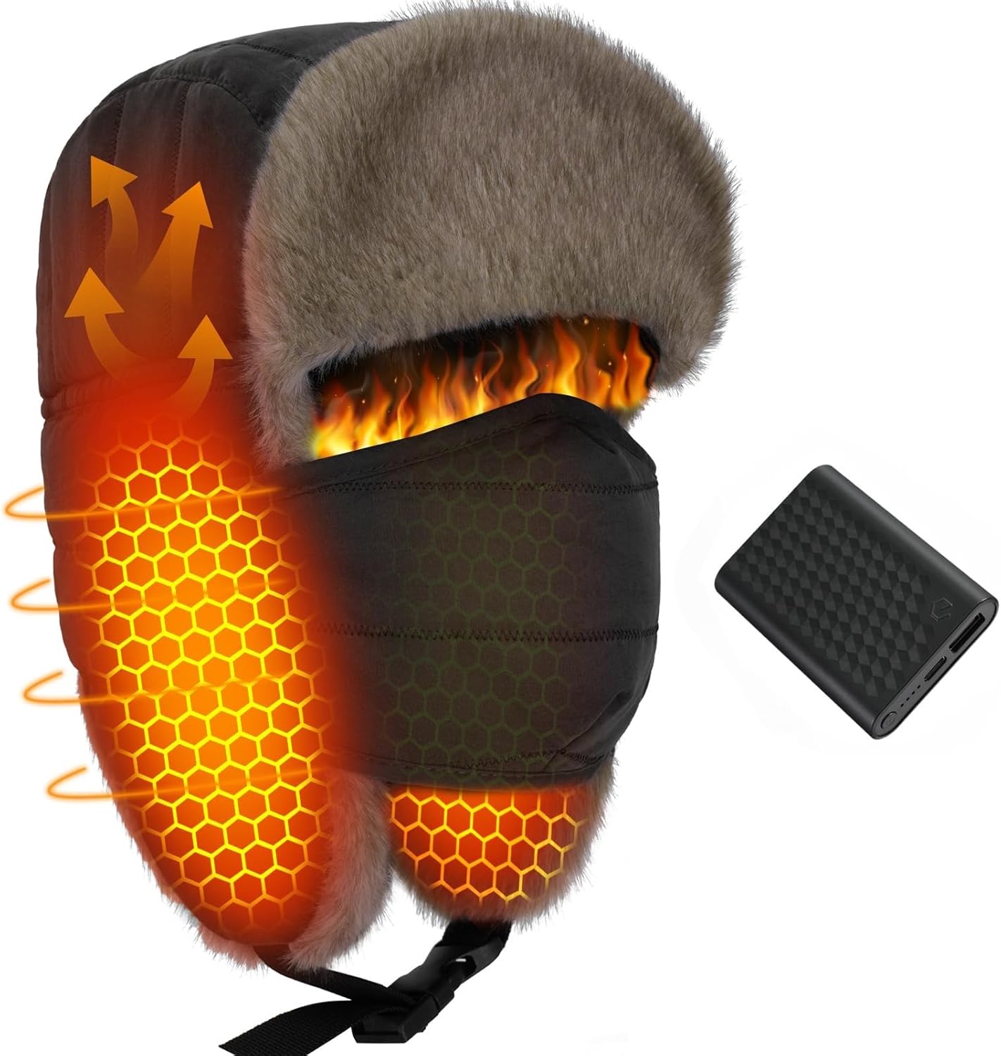 Wulcea Graphene Heated Trapper Hat with Ear Flaps Mask for Skiing Camping Hunting Motorcycle Ice Fishing Driver Fishermen