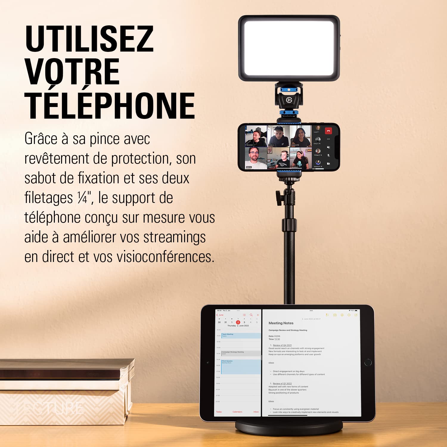 Elgato Mini Mount – Support de bureau polyvalent extensible à 64 cm, entièrement réglable, support de téléphone à sabot, emplacement pour appareil et filetage 1/4" pour caméra, éclairage, micro, etc.
