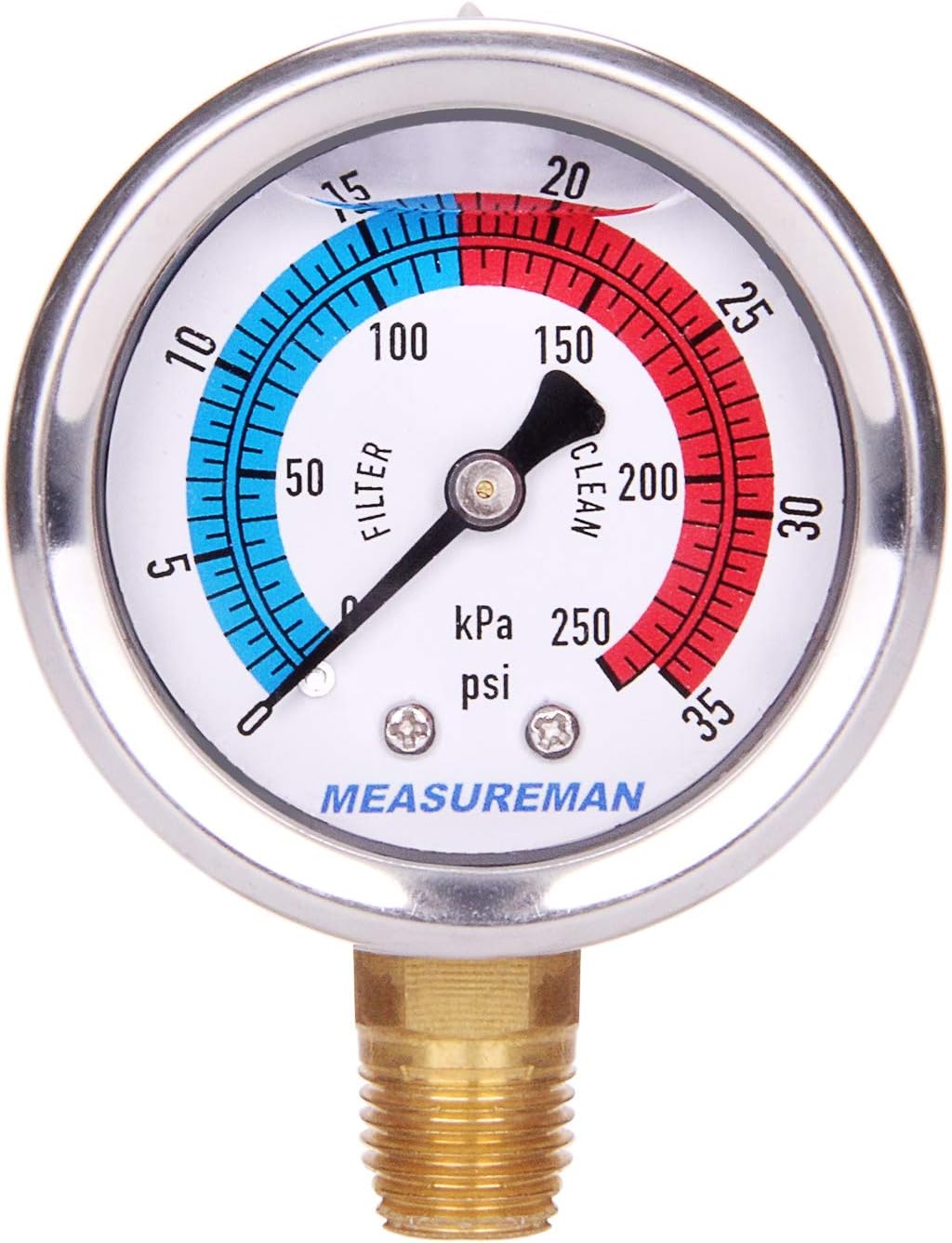 2" Dial Size, Glycerin Filled Pool Filter Pressure Gauge, 304 Stainless Steel Case, 0-35psi/250kpa, 1/4" NPT Lower Mount