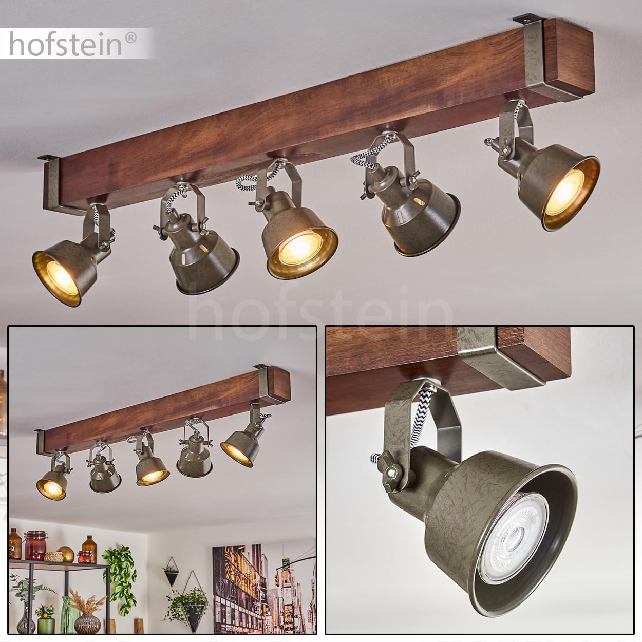 Pehefito, plafoniera moderna in metallo/legno nero/marrone scuro/verde/grigio, plafoniera industriale con paralume orientabile, 6 fiamme, 5 x GU10 senza lampadine