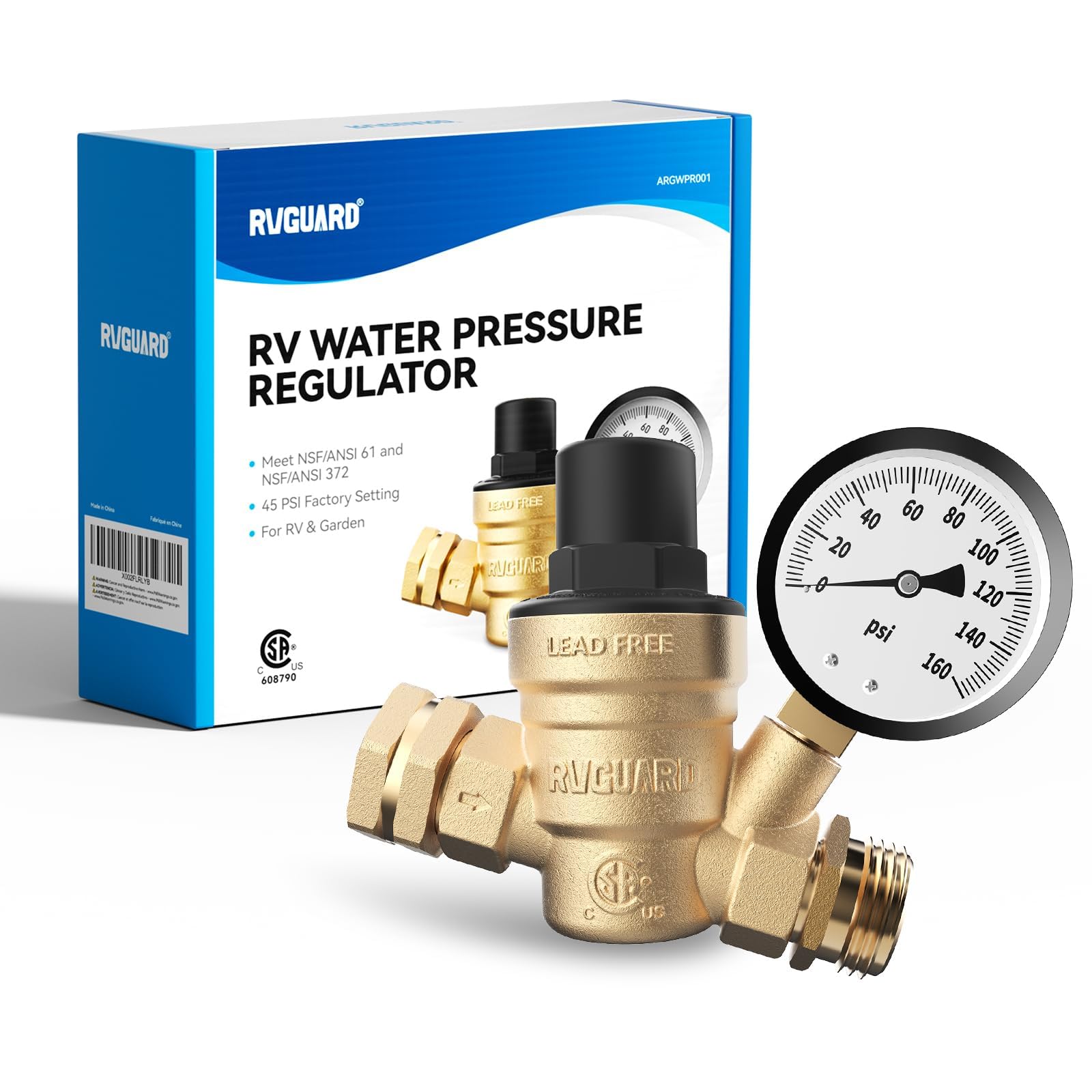 RVGUARD Válvula reguladora de presión de agua para RV, reductor de presión de agua ajustable sin plomo de latón con medidor y filtro de pantalla de entrada para caravana y remolque de viaje