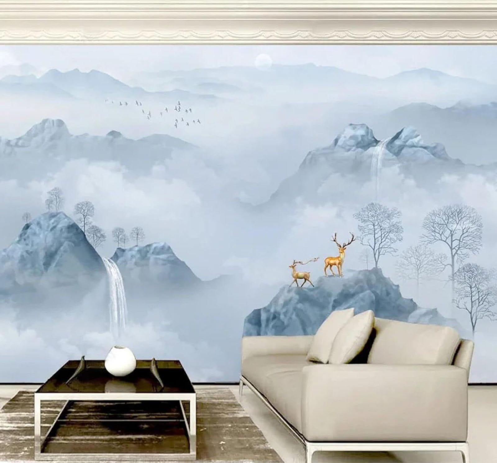 XLMING Fantasy Ink Wash Mountain Peaks Waterfall Reindeer 3D Wallpaper Luxury Home Dining Decor Paste Sofa Living Room The Wall for Bedroom Mural-430cm×300cm