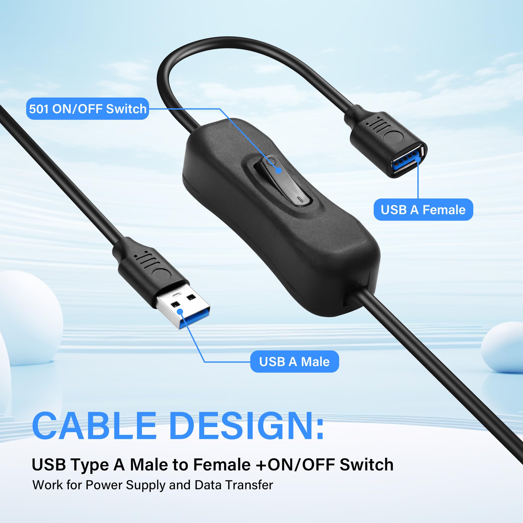 RUXELY USB On/Off Switch Cable - 1FT Extension With Toggle Button For LED Lights, Fans & Low-Power USB Devices