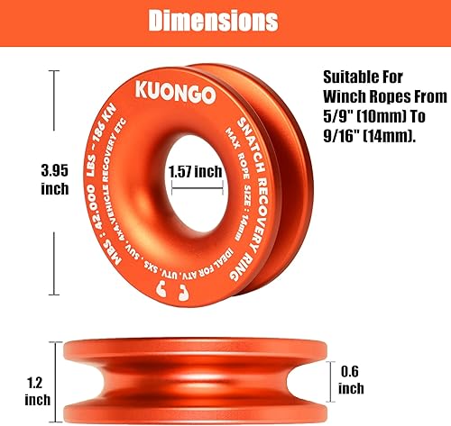 Miniatura 2 de KUONGO Anillo de recuperación Snatch, bloque de arrebatamiento de cabrestante, polea de 45,000 libras para ATV, UTV, SUV, camión, todoterreno,