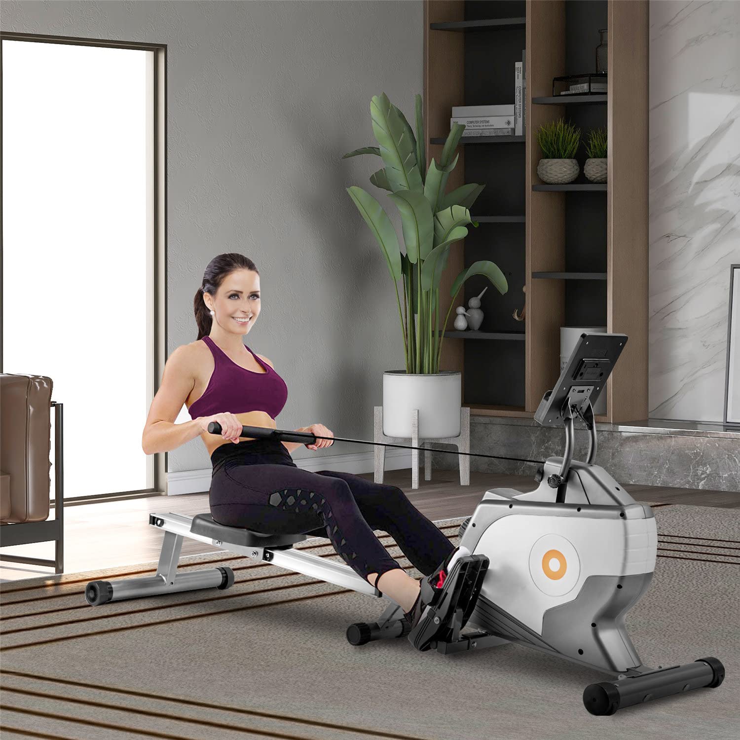 Magnetyczny wioślarz i trening cardio Wioślarz - uchwyt na tablet i wygodna poduszka do siedzenia Składany wioślarz z monitorem LCD do użytku domowego