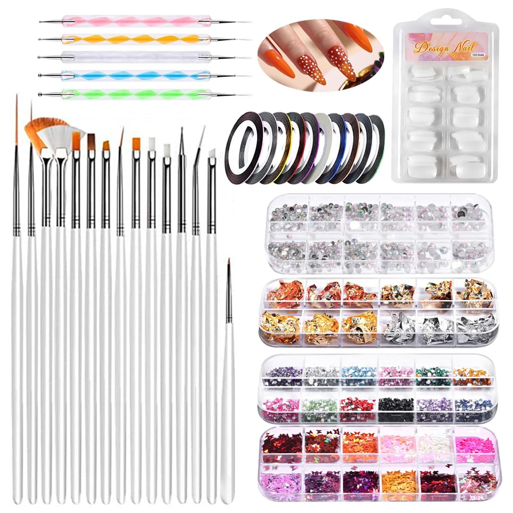 MAYCREATE® Nail Art Kit for Women 3D Nails Extension Kit with 100 Nails, 10 Nail Tapes, 15 Nail Art Brush, 5 Nail Dotting Pen, 4 Box Nail Gems Nail Glitter Foil Flakes for Nail Art Set-image-6
