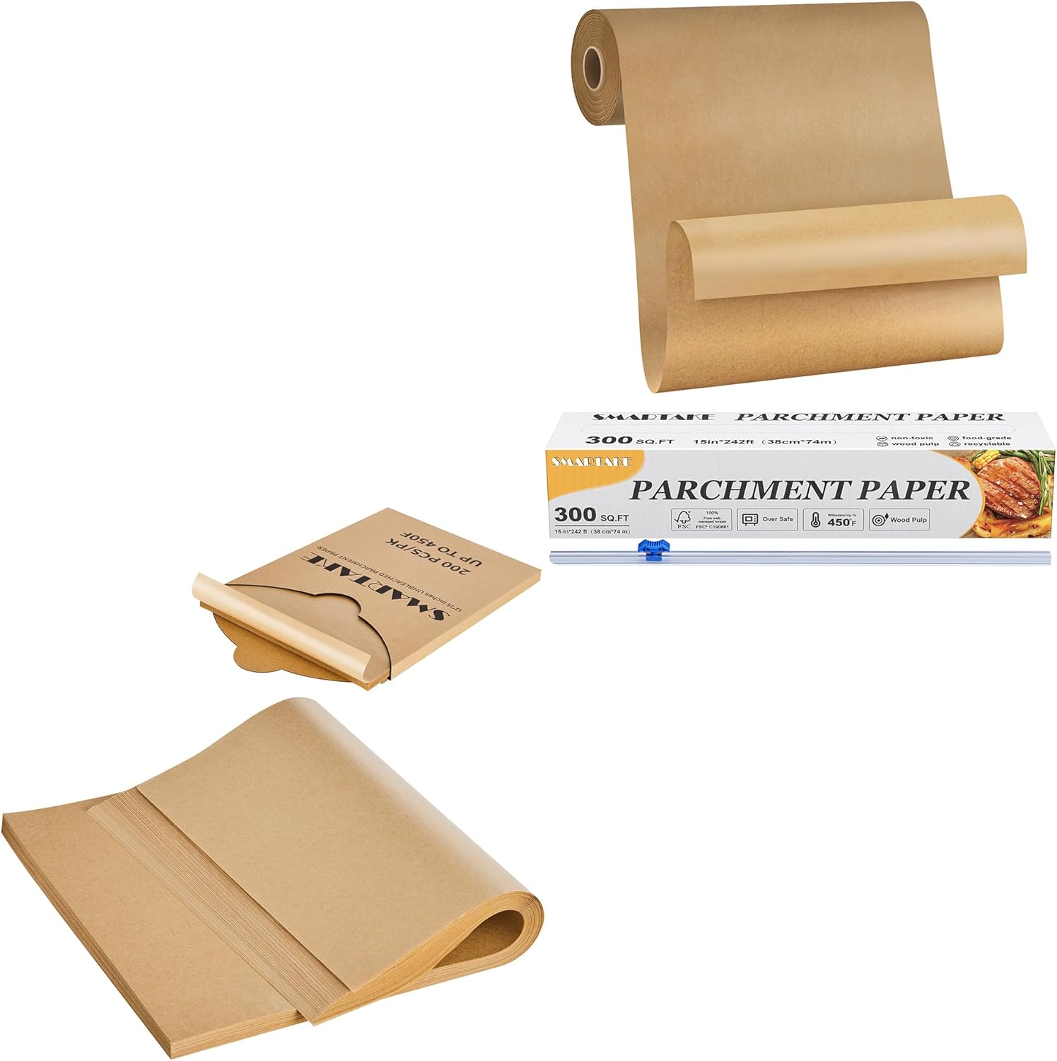 SMARTAKE 200 Pcs 16x24 Inches Parchment Paper Baking Sheets Bundle with 15 in x 242 ft Parchment Paper Roll, for Baking Cookies Cake and More