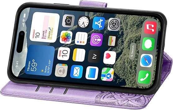 iPhone 16E用携帯電話ケースウォレット、女性用フリップフォリオカバー、クレジットカードホルダー付きバタフライフラワーエンボスPUレザー財布磁気リストストラップキックスタンドケース、iPhone 16E用ライトパープル