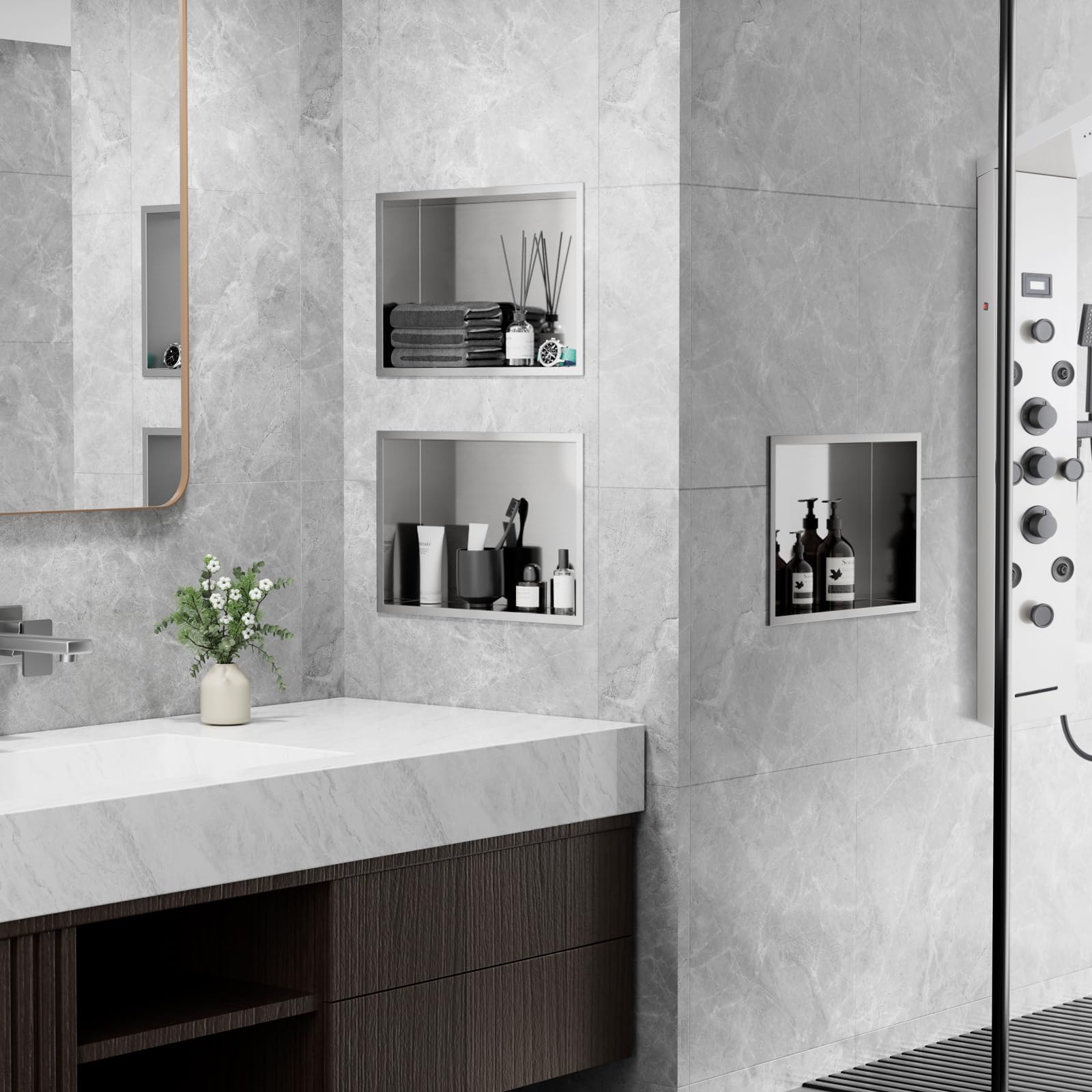Nicho de pared para ducha de acero inoxidable, 45 x 30 x 10 cm, estante individual de almacenamiento, no necesita azulejos, para baño, nano plata