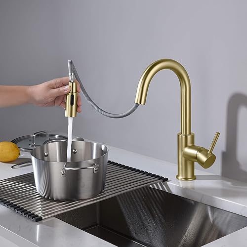 Miniatura 4 de KIBI Grifo de cocina extraíble con un solo mango  Caño de arco alto de latón macizo  Grifo de fregadero de cocina con rociador desplegable  Fácil de