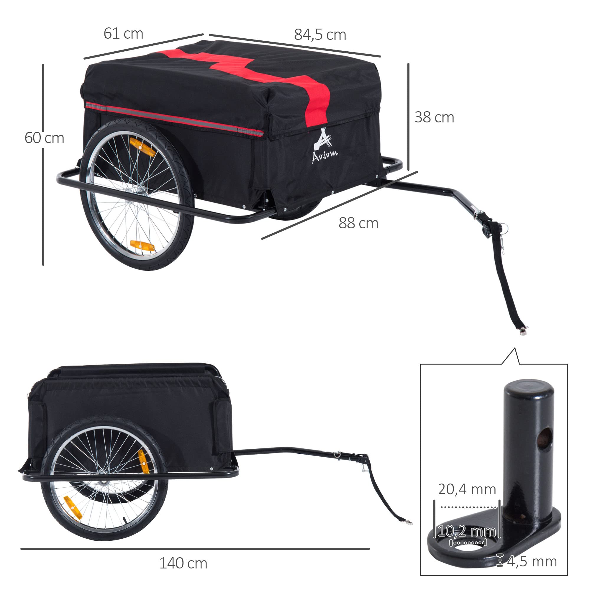 HOMCOM Remorque de Transport vélo Cargo capacité 70 L Barre d'attelage Incluse Housse Amovible 4 réflecteurs Charge Max. 40 Kg