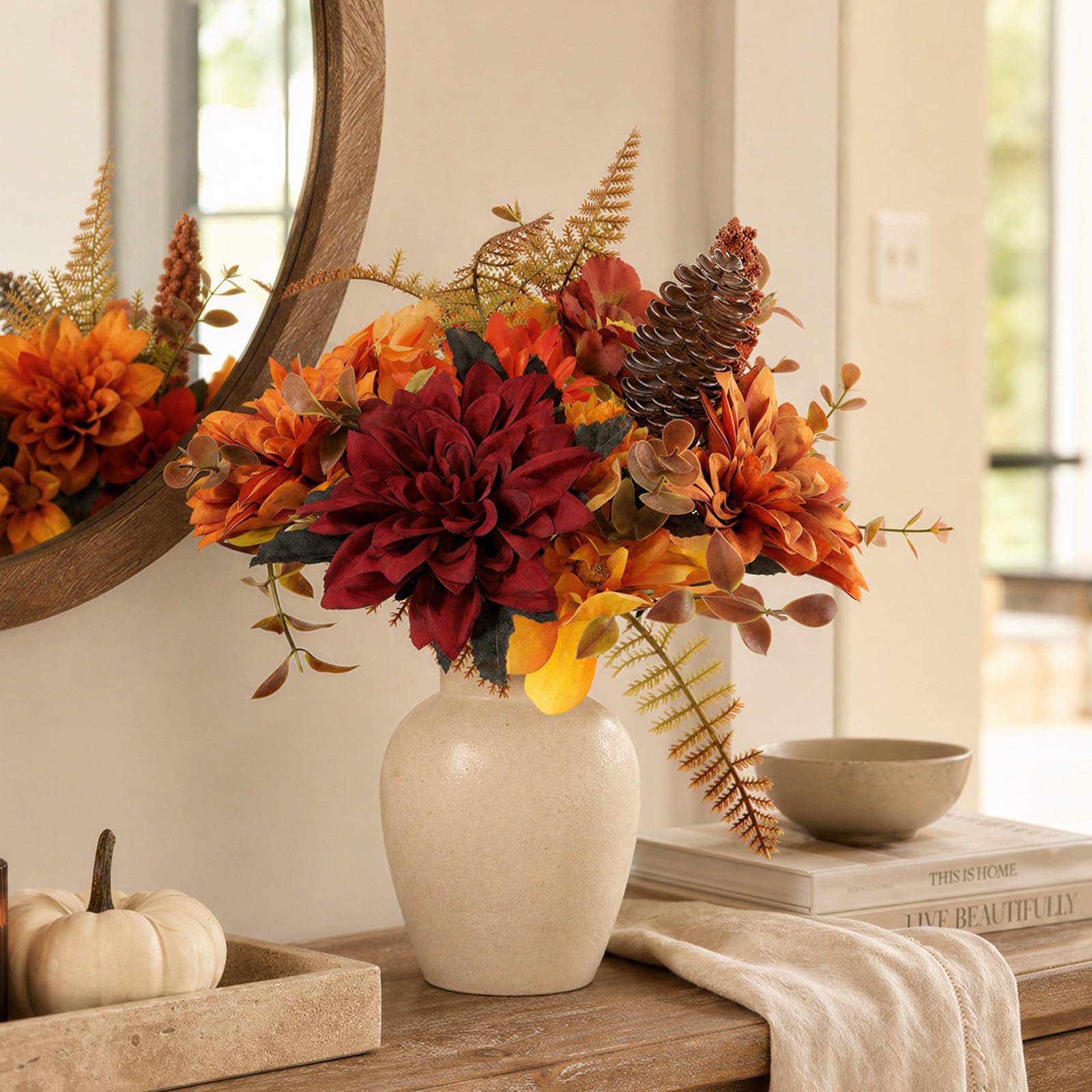 Künstlicher Chrysanthemen Strauß Saison - Seidenblumen für deko mit Eukalyptus für Vase Tischdeko Wohnzimmer 42cm(E)